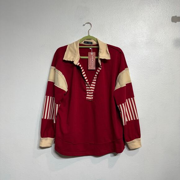 Shein Red Colorblock Collar V-Neck Oversized Pullover Sz S NWT - Picture 2 of 12